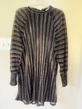 Karlie Metallic Striped Long Sleeve Dress with Bow, Black Multi, Size M